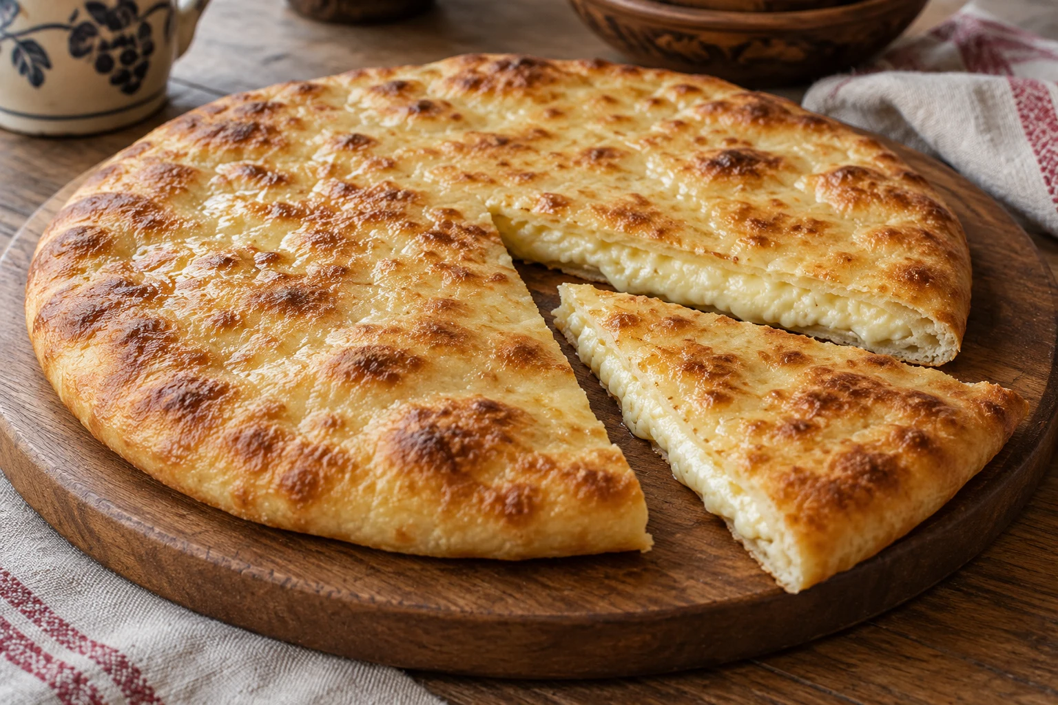 Round closed khachapuri cut into wedges, showing white melted cheese between baked bread layers