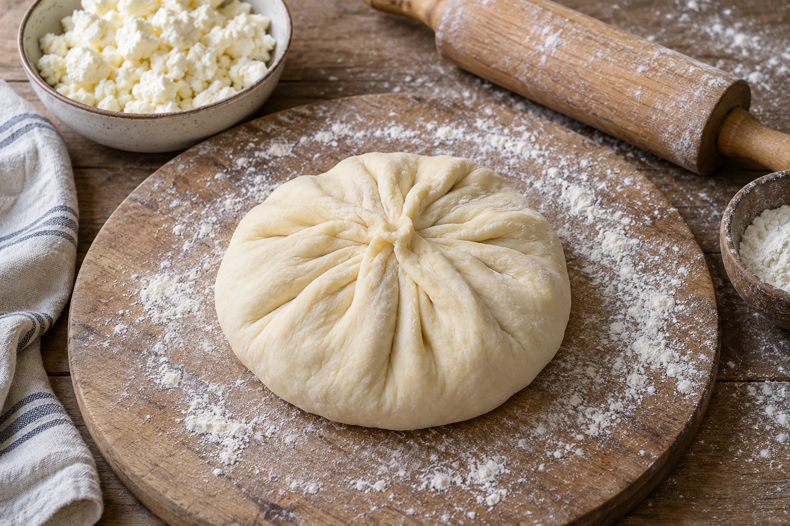 Raw dough gathered into a sealed pouch around a filling on a floured board