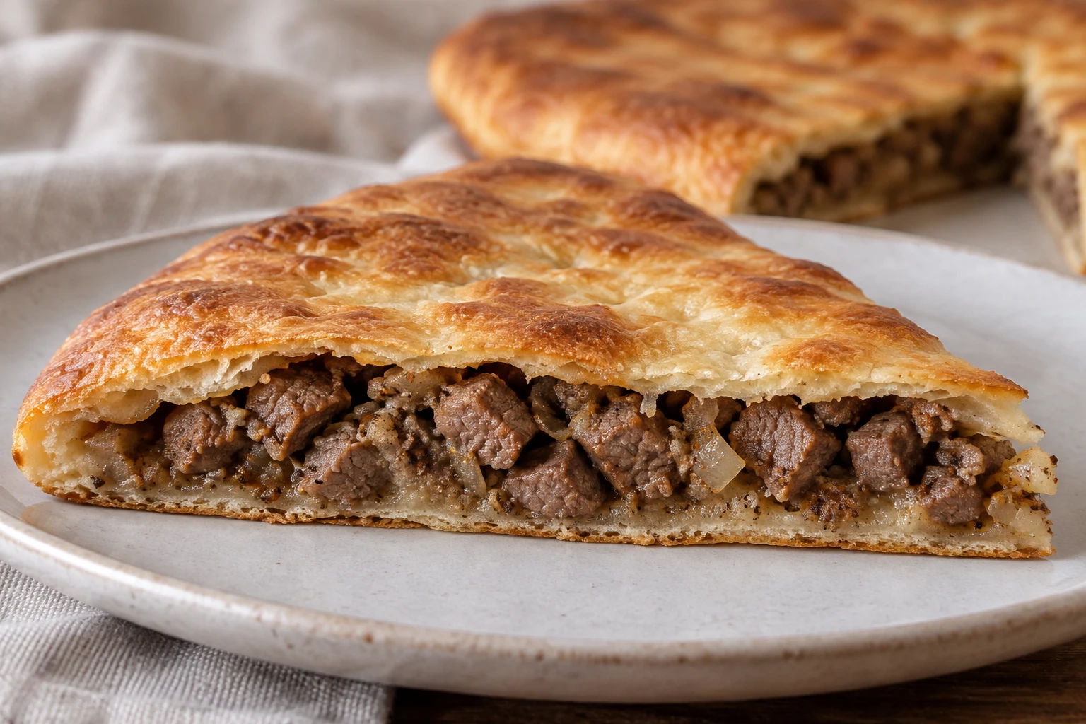 Close view of a baked kubdari wedge containing small meat pieces and onion