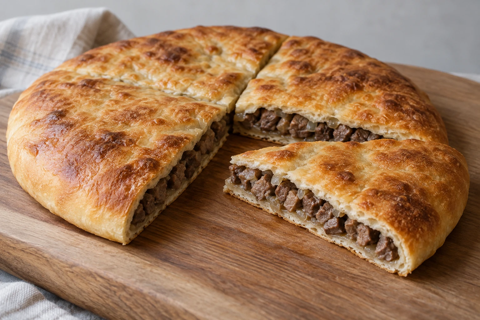 Golden round kubdari cut into wedges with chopped meat visible inside