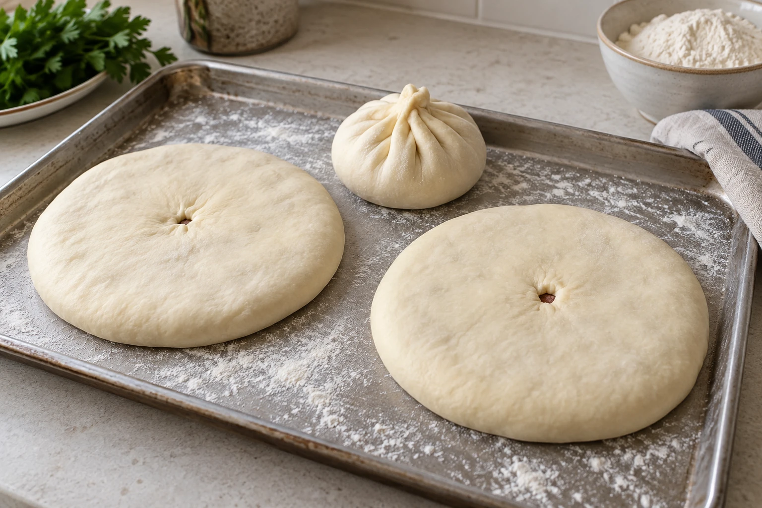 Unbaked round filled breads with small vents on a lightly floured tray