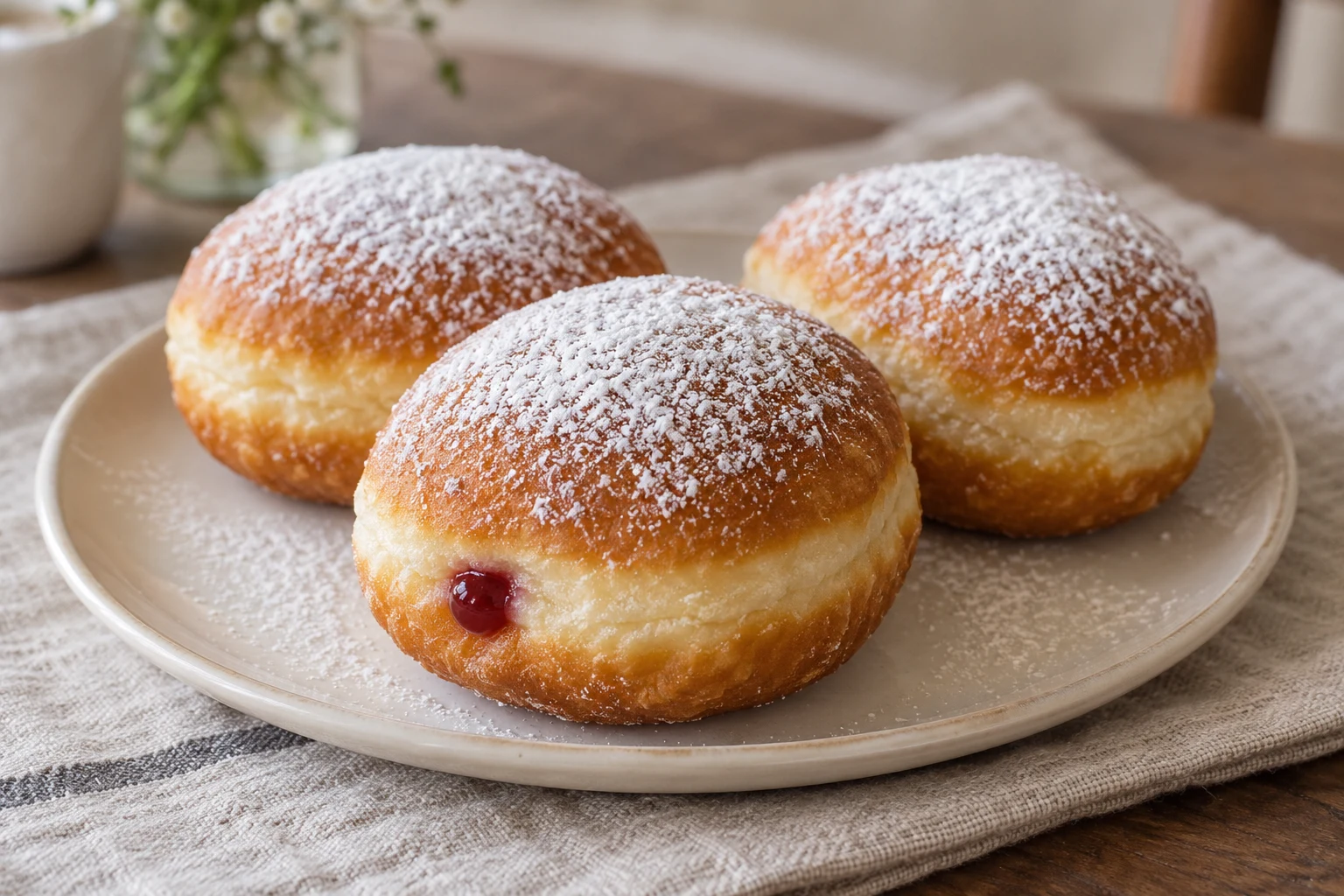 Whole golden Berliner doughnuts with pale side bands and a light powdered sugar dusting