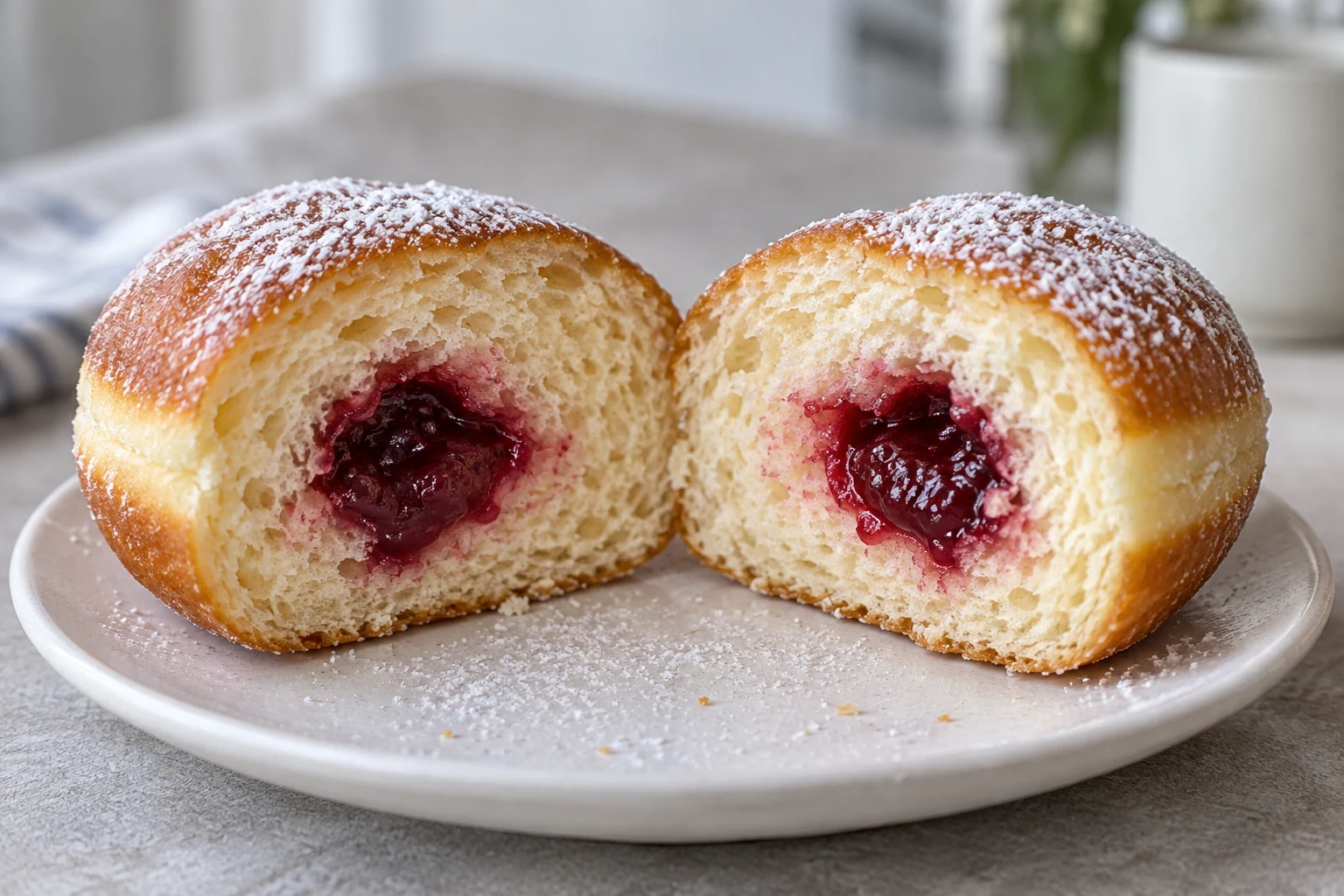 Cut Berliner halves showing airy pale crumb and a small pocket of red jam