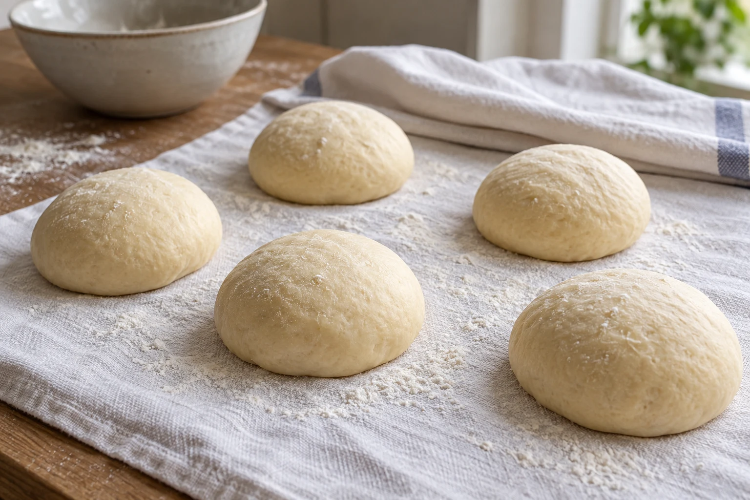 Uncooked smooth yeast dough balls resting separately on a lightly floured cloth