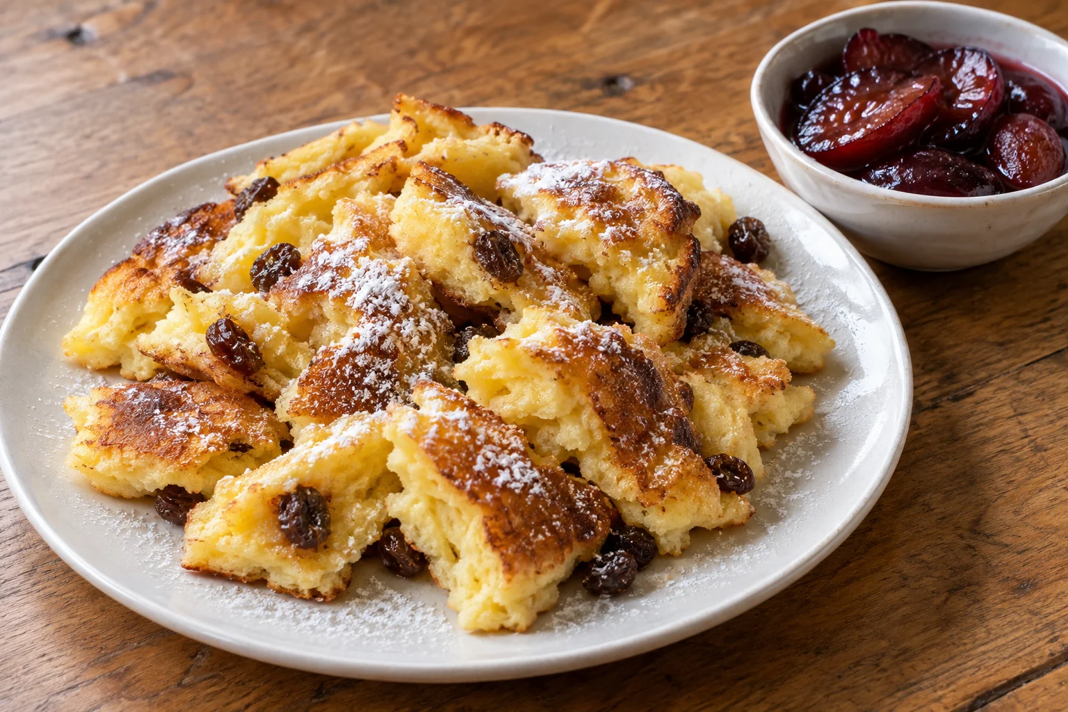 Irregular golden Kaiserschmarrn pieces with raisins and a separate bowl of stewed plums