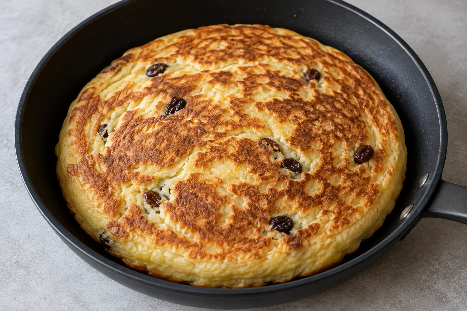 A substantial golden pancake with embedded raisins in a black frying pan