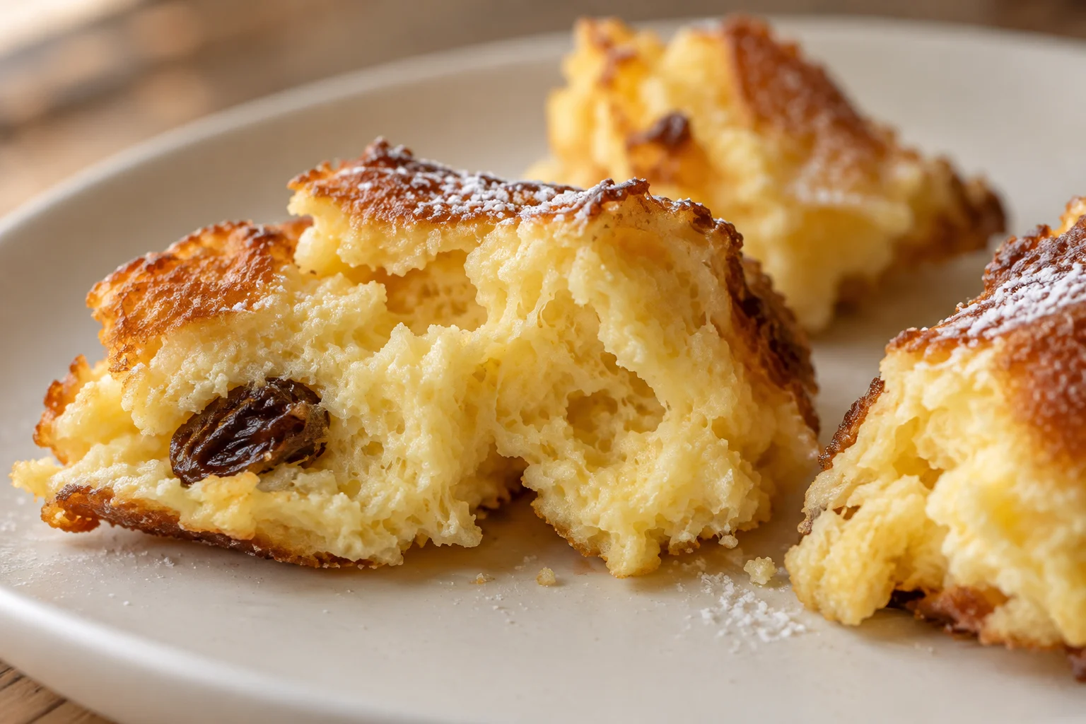 Close view of a torn pancake piece with pale airy crumb and a browned outer face