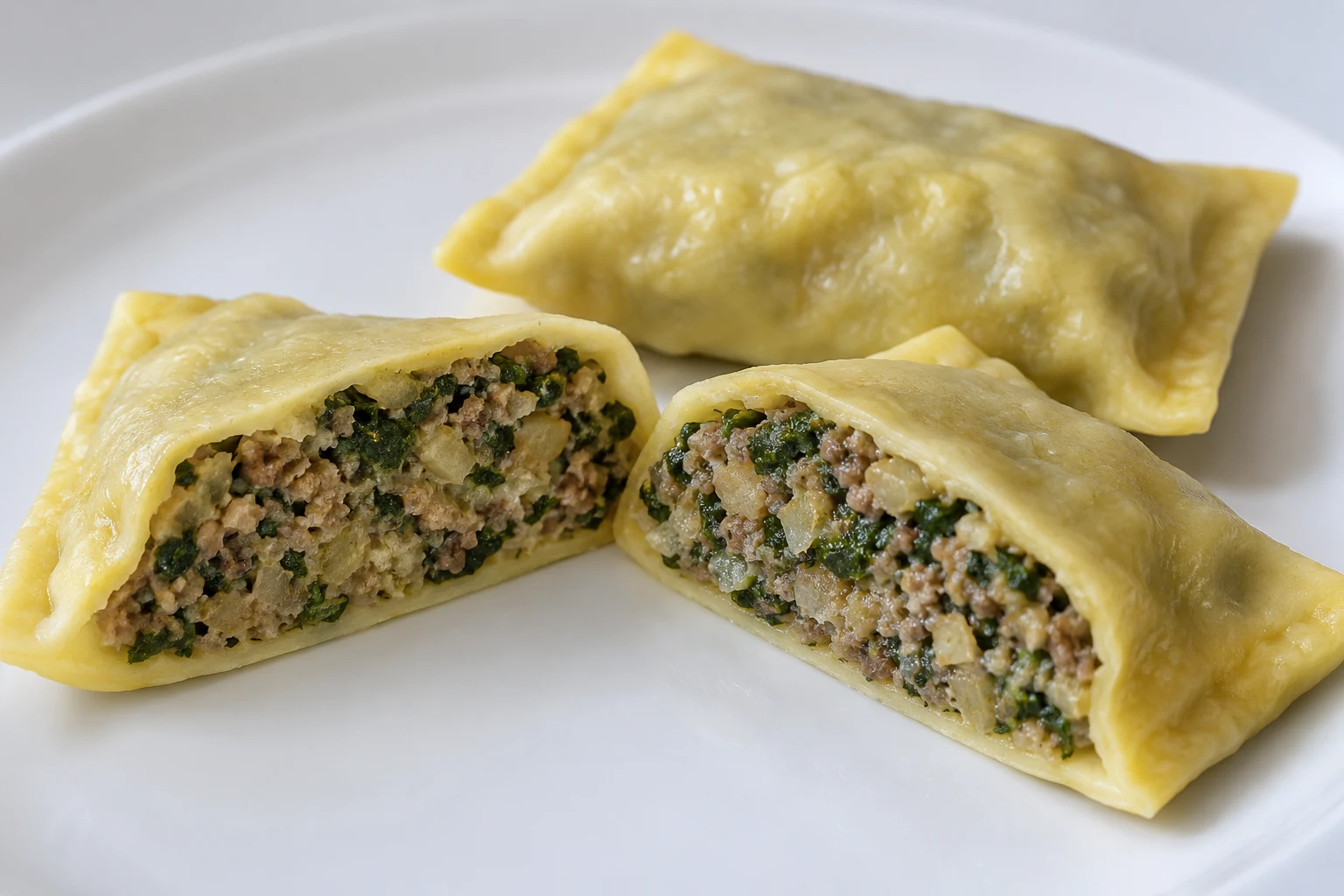 A cut cooked Maultasche showing finely mixed green-brown meat and spinach filling inside thin egg pasta