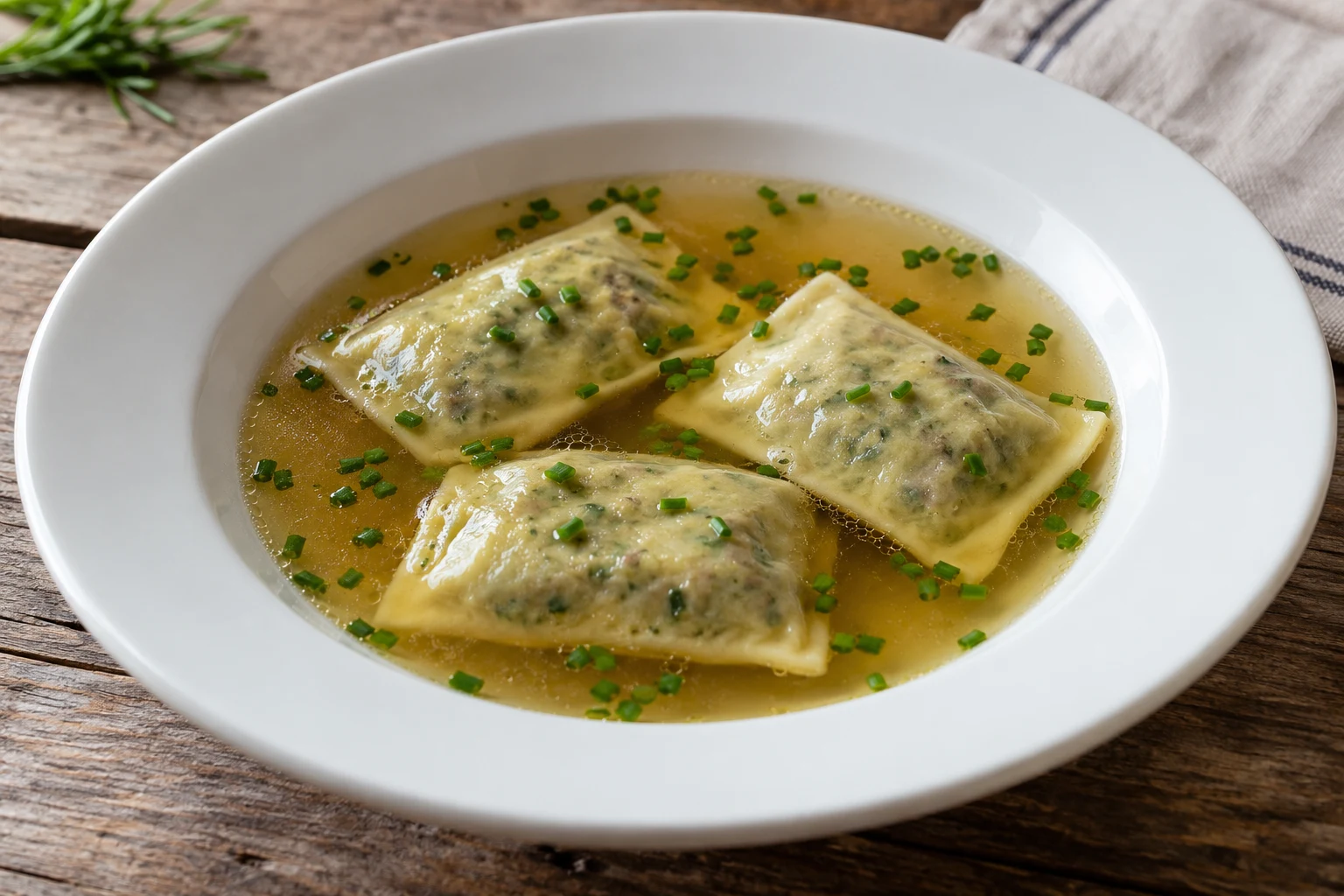 Three broad pale Maultaschen pasta pockets in clear broth with finely cut chives