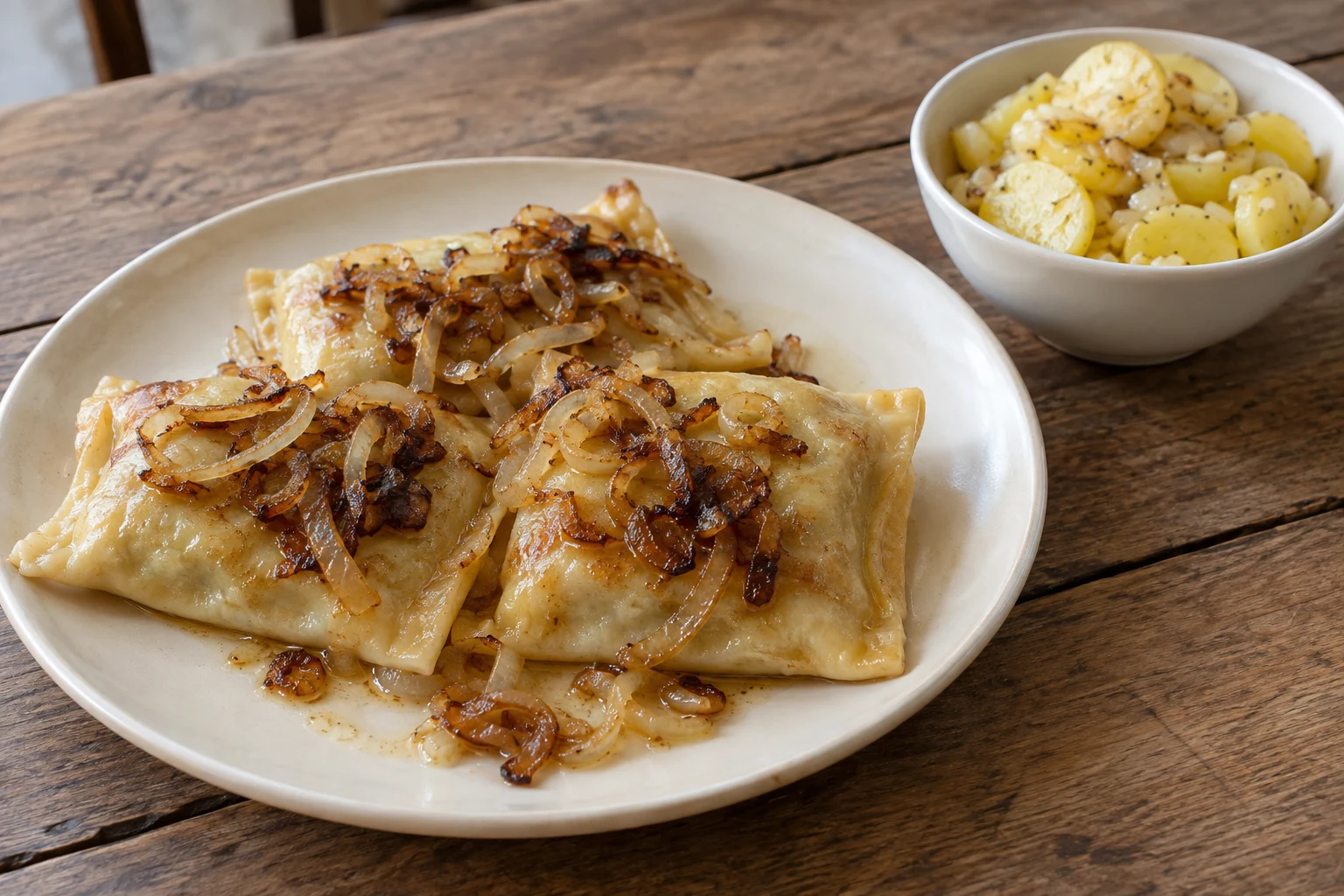 Maultaschen topped with browned onion strips beside a small bowl of sliced potato salad