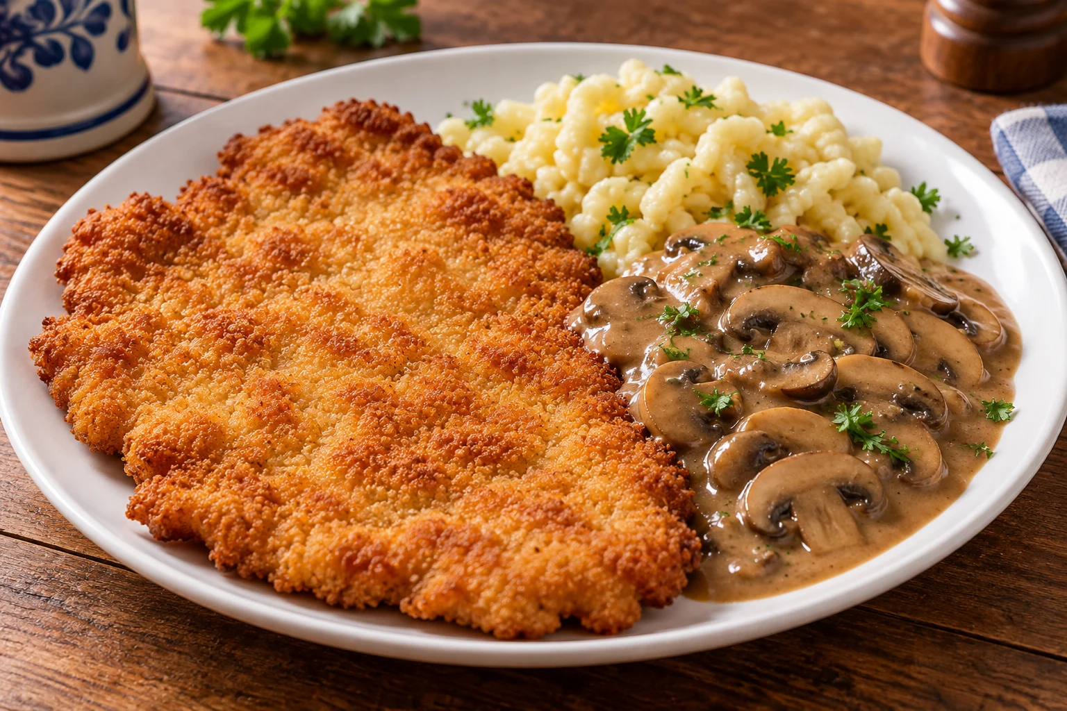 Golden breaded schnitzel with mushroom cream sauce pooled beside it and a small portion of Spätzle