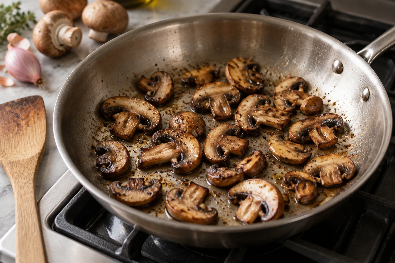 Sliced brown mushrooms with seared faces browning in an uncrowded frying pan before sauce is added