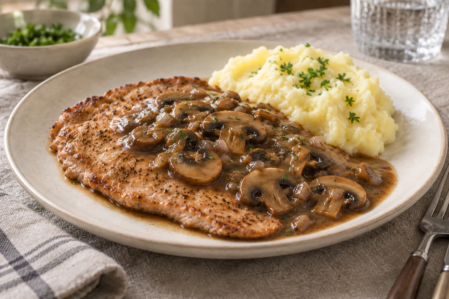 Thin unbreaded browned cutlet partly covered with dark mushroom sauce beside mashed potatoes