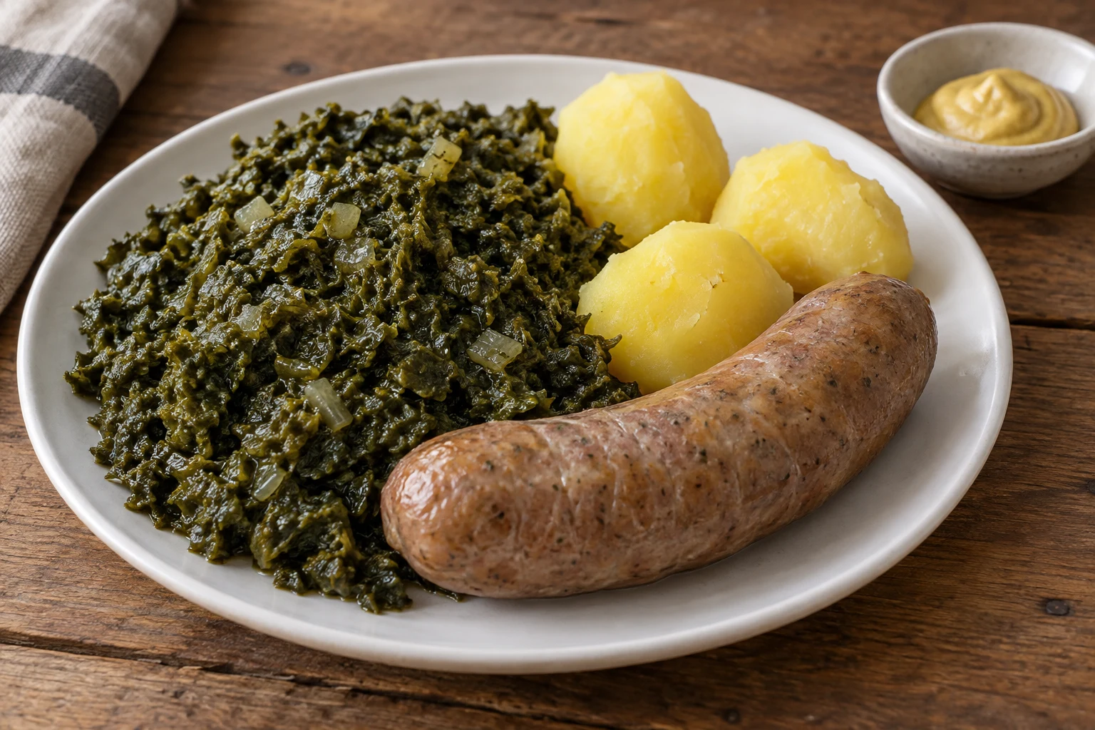 Soft chopped kale with a cooked Pinkel sausage and peeled boiled potatoes on a white plate