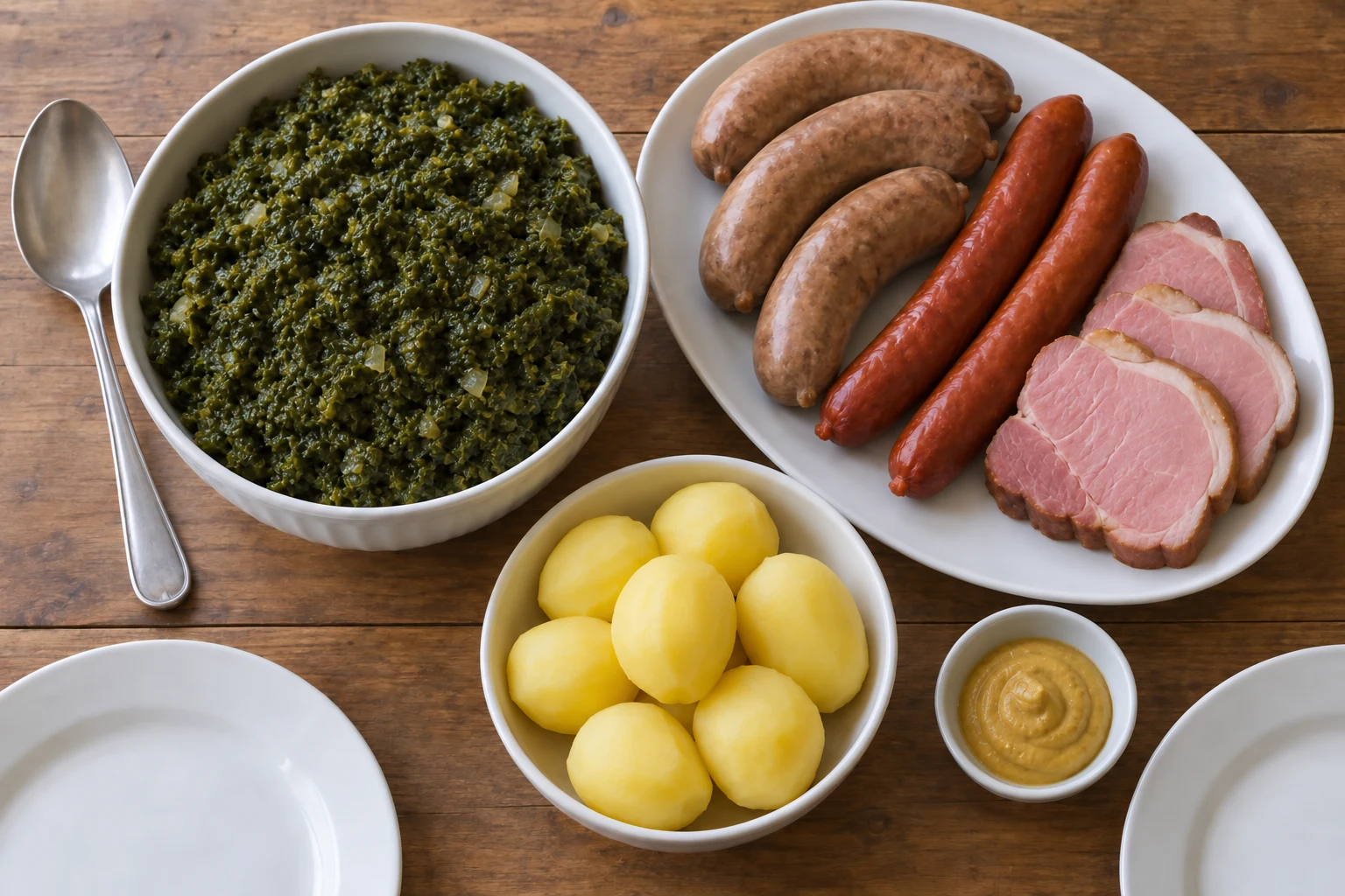 Separate dishes of chopped kale, Pinkel and Kochwurst sausages, sliced Kasseler and boiled potatoes