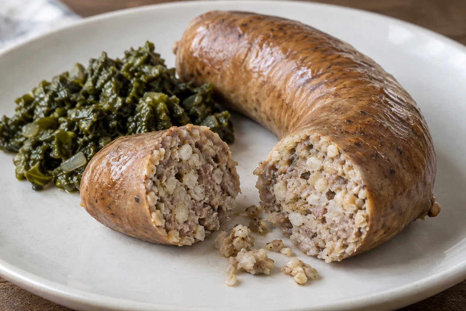 A cut cooked Pinkel showing a coarse filling of softened grain, pork and fat beside a small serving of kale
