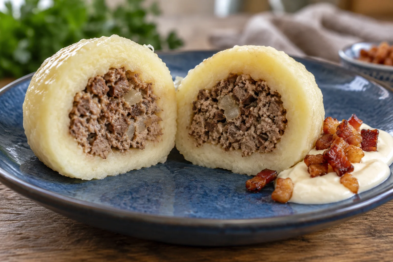 A potato dumpling cut into two halves showing cooked brown meat inside a continuous pale shell