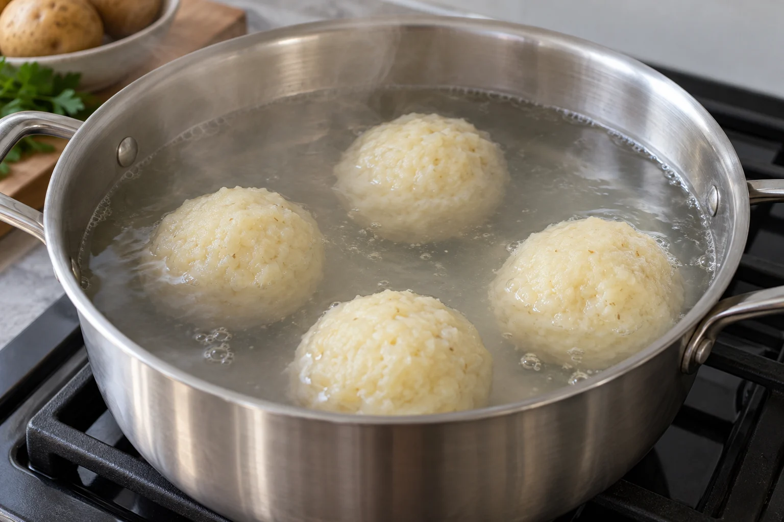 Four intact potato dumplings in a wide pan of gently simmering water