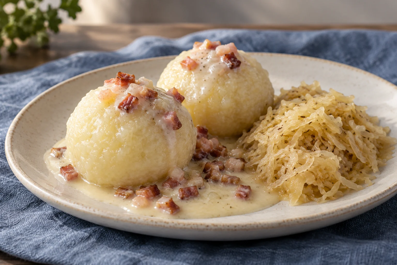 Two pale round potato dumplings with bacon cream sauce and sauerkraut
