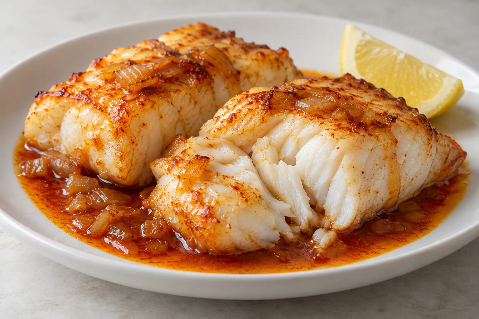Opaque white cod flakes on a plate with paprika and onion sauce and a lemon wedge