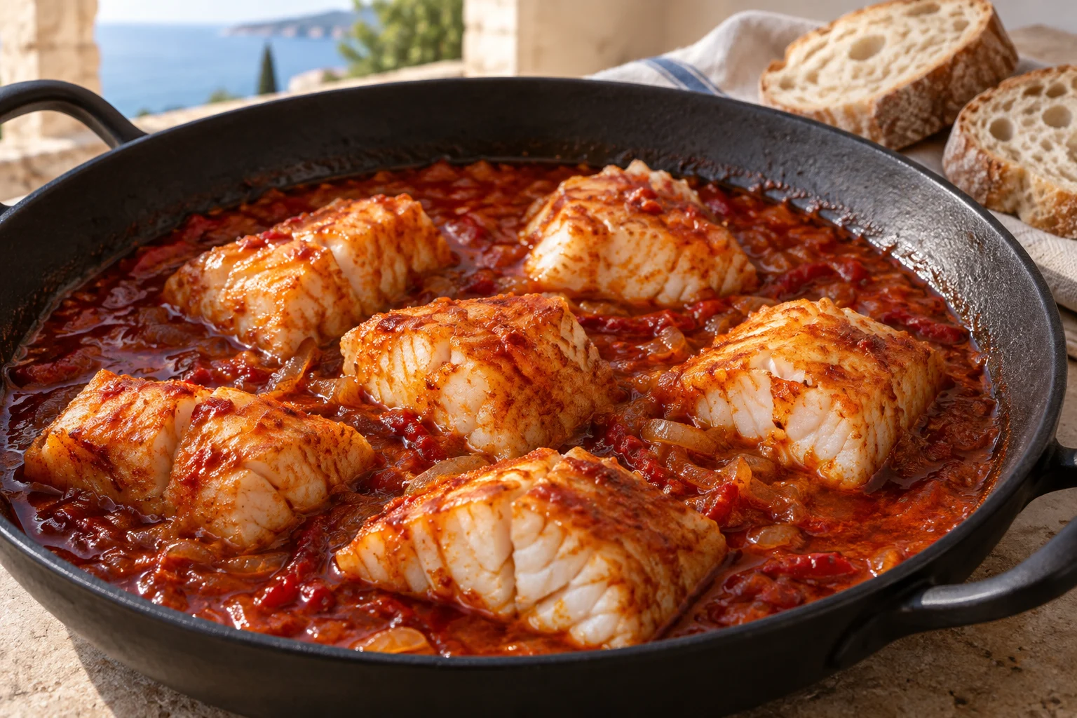 Six cooked cod pieces in a wide black pan of red pepper and onion sauce, with bread behind