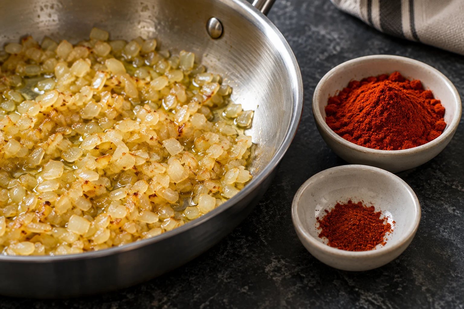Softened onions in olive oil beside separate dishes of sweet and hot red pepper