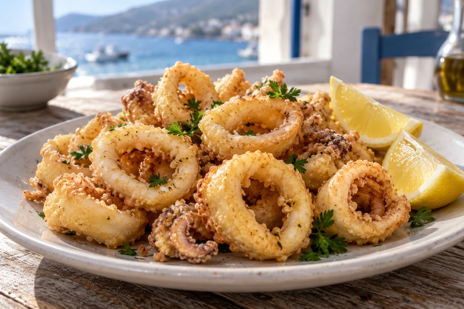 Thinly flour-coated golden fried squid rings with lemon wedges and parsley