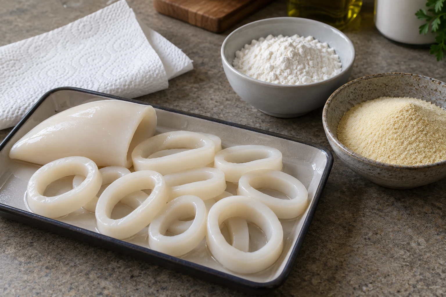 Clean ivory squid rings beside a short squid tube and bowls of flour and semolina