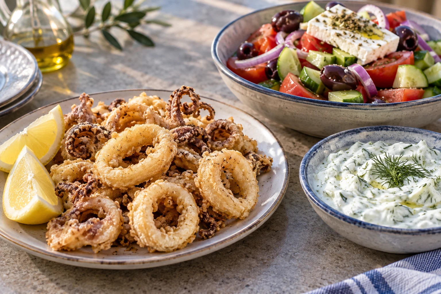 Fried calamari with separate tzatziki and tomato cucumber feta salad bowls