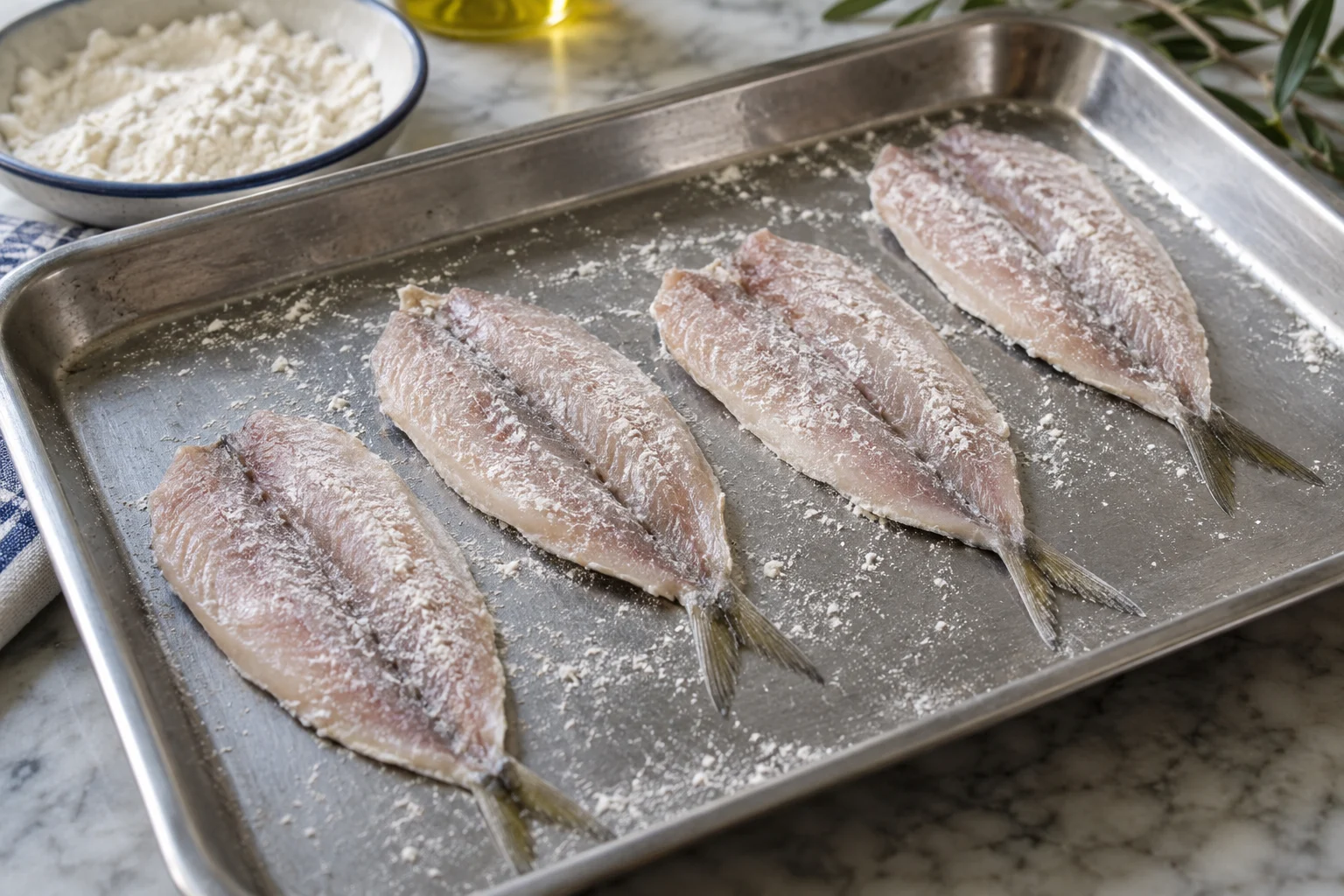 Pale flesh sides of cleaned butterflied sardines lightly dusted with flour