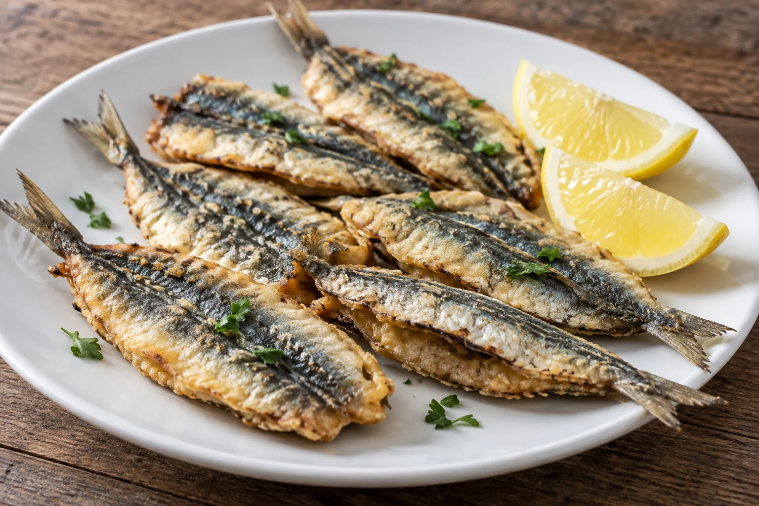 Lightly golden butterflied sardines with visible silver skin and lemon wedges