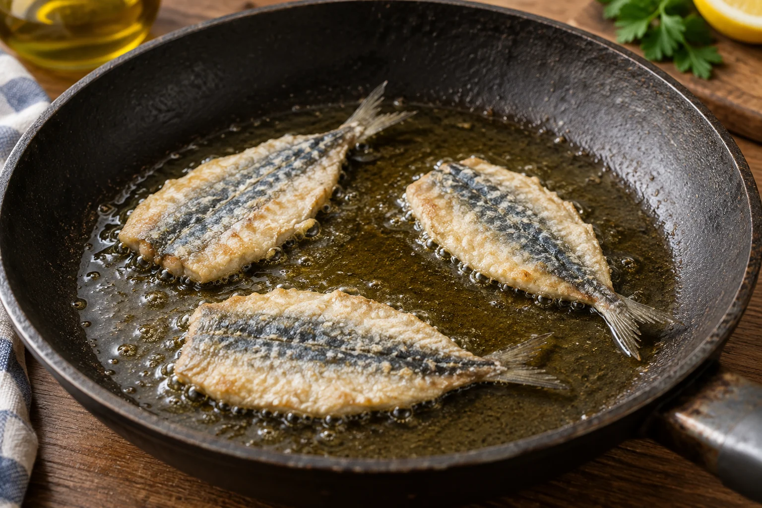 Three lightly golden butterflied sardines frying with space between them