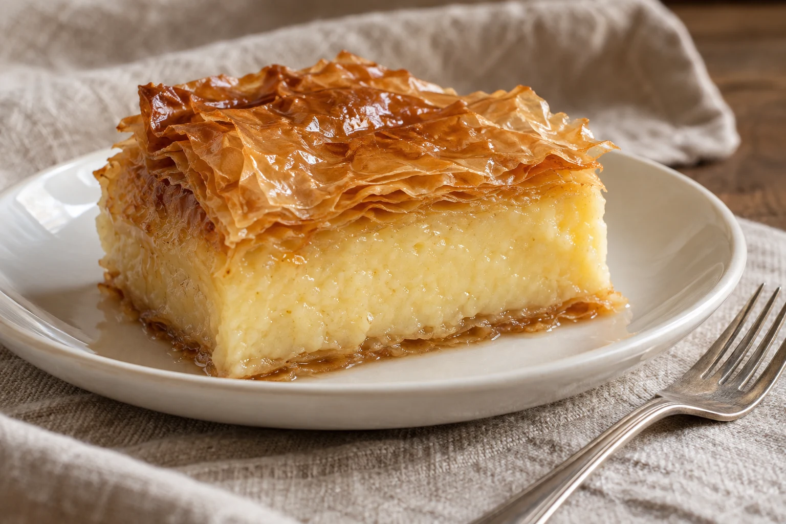 Square galaktoboureko portion with a pale custard centre and golden phyllo layers on a white plate