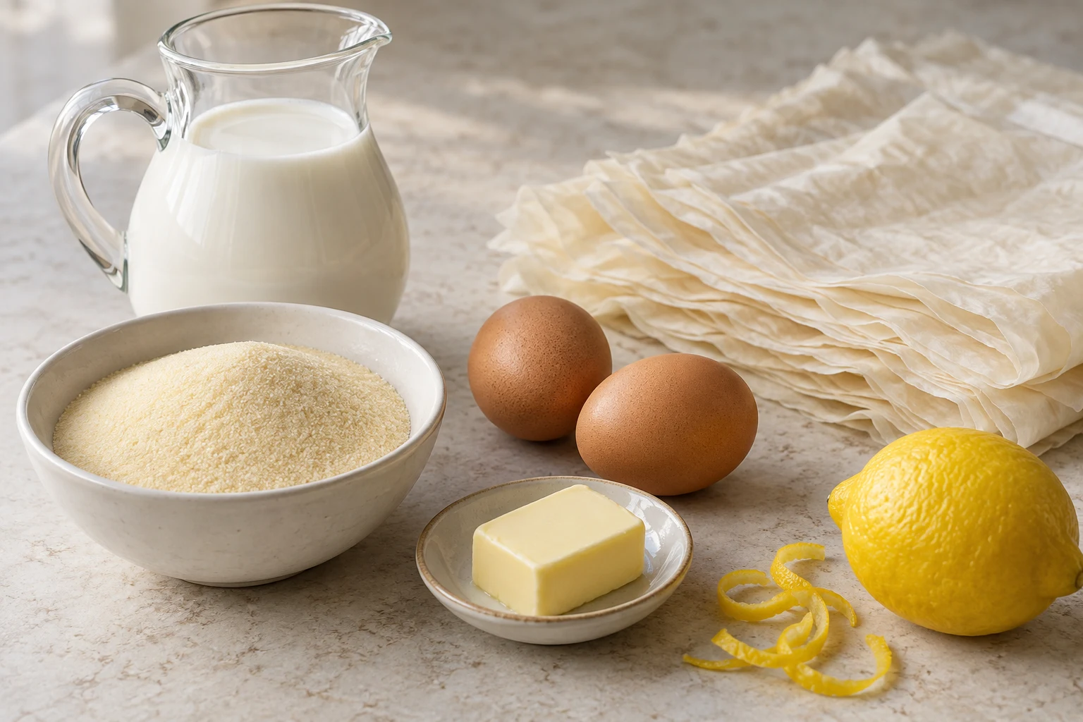 Fine semolina, milk, eggs, butter, unbaked phyllo sheets and lemon on a counter