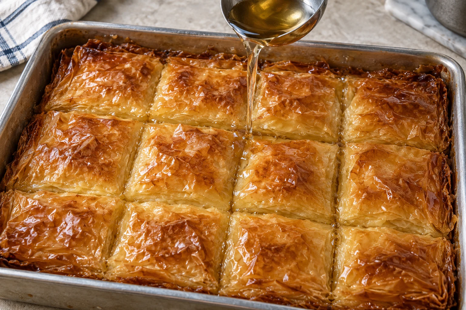 Clear syrup poured from a ladle over the scored golden phyllo top of a galaktoboureko tray