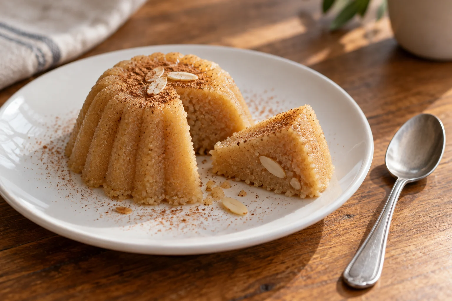A small golden semolina pudding with a cut wedge showing its moist compact grain texture