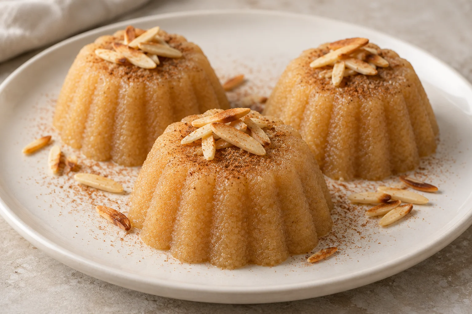 Three golden molded semolina puddings with light cinnamon and toasted almond slivers