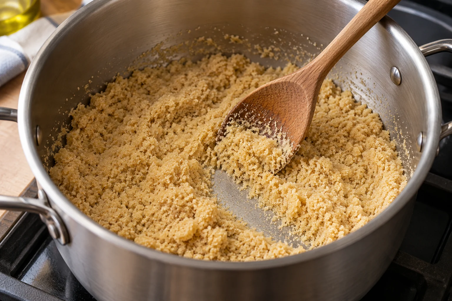 Fine golden semolina grains coated in oil in a deep steel pot with a wooden spoon