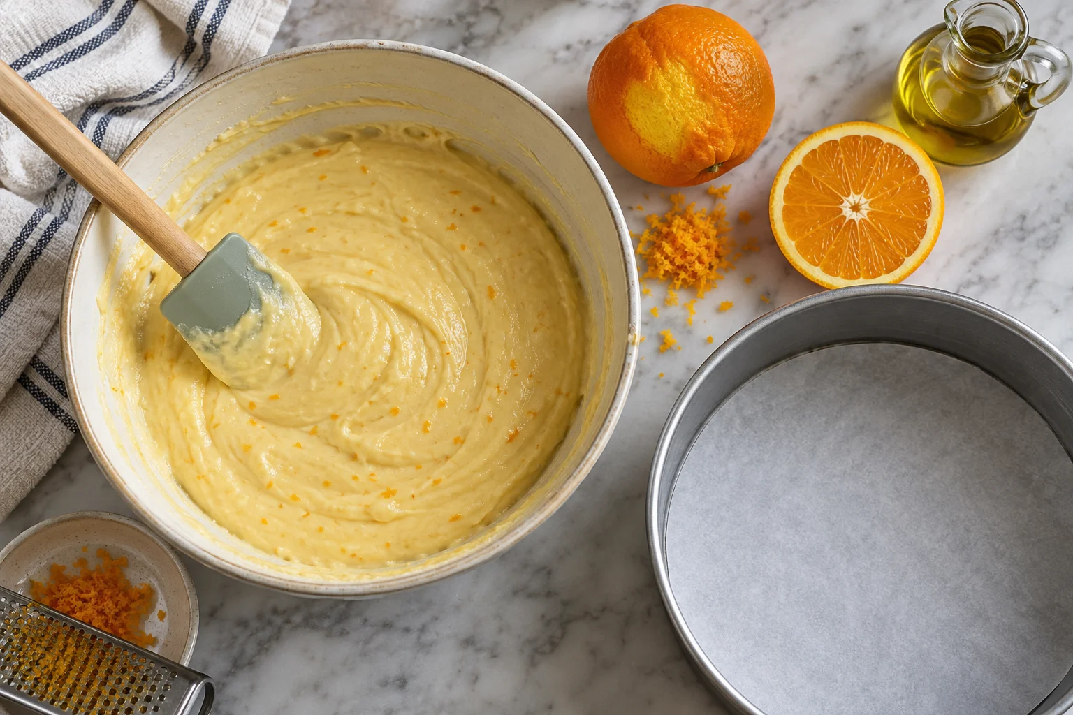 Orange-flecked batter beside zested citrus and a lined round cake pan