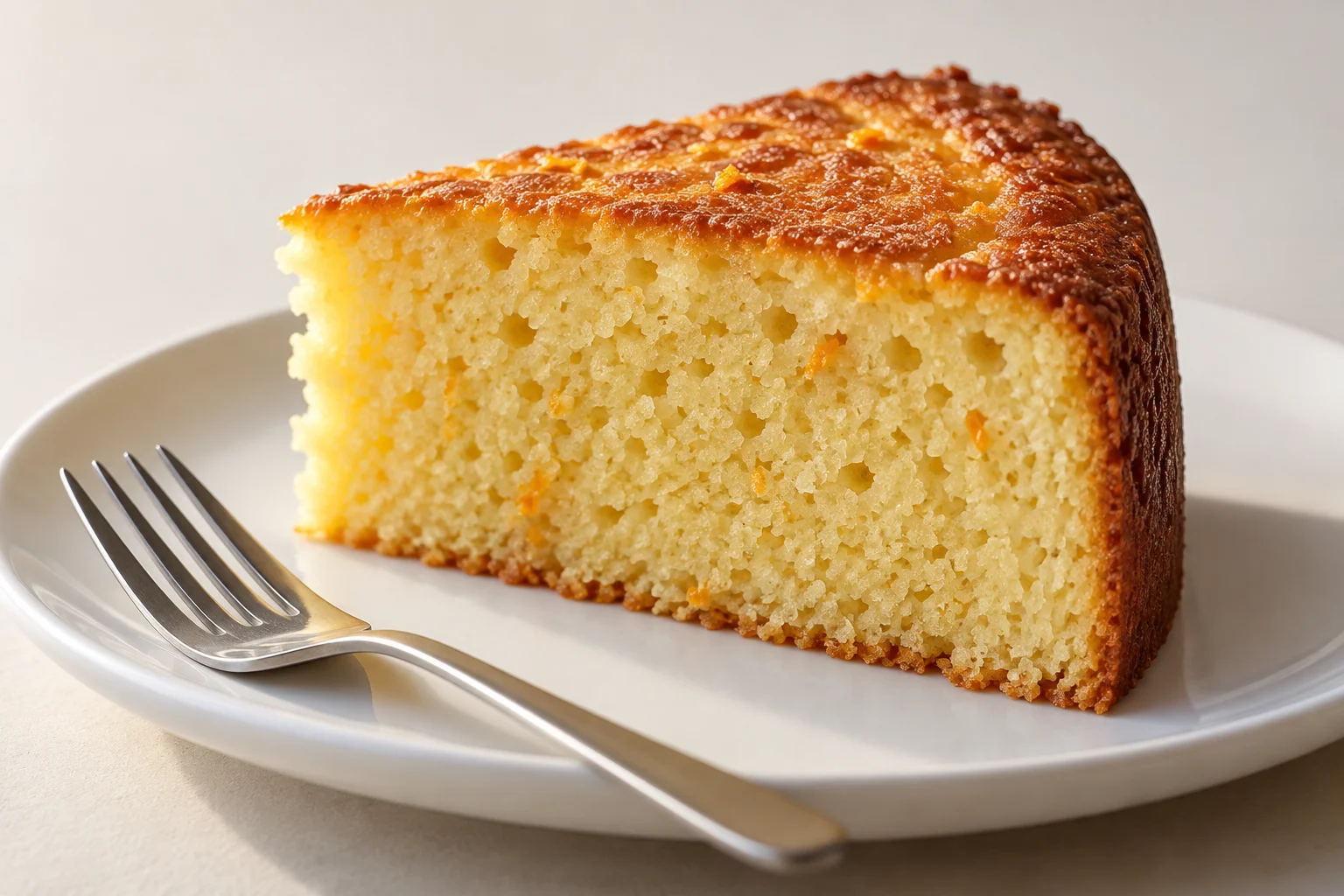 A pale golden cake wedge with small air holes and fine orange zest flecks