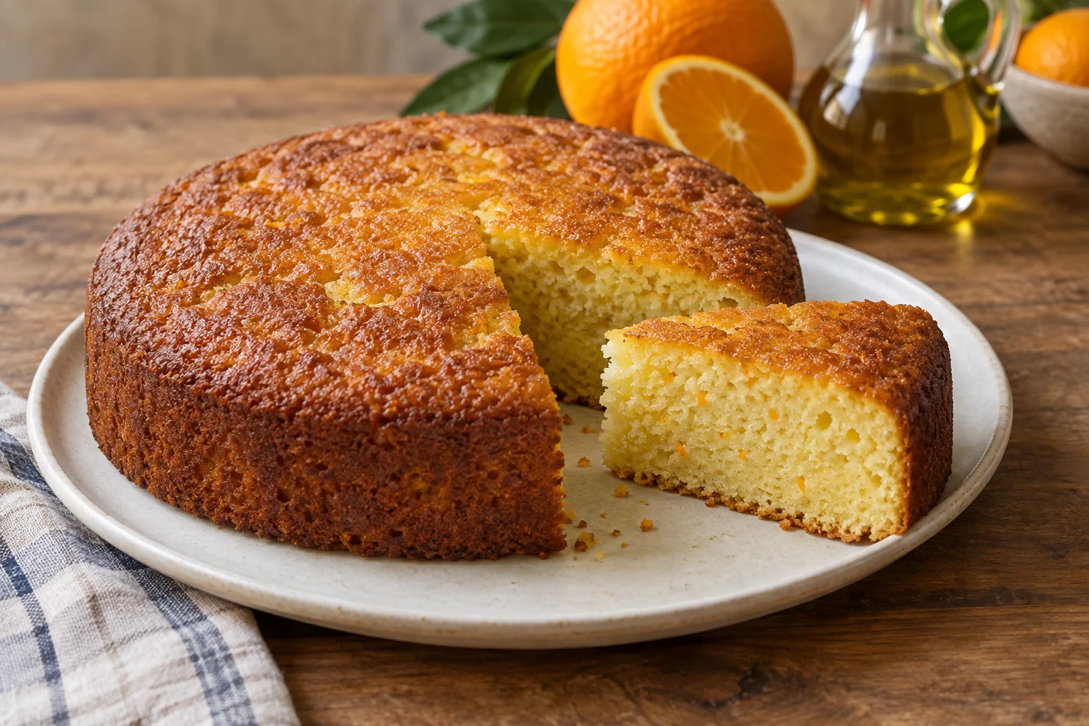 Round golden orange olive oil cake with a wedge removed