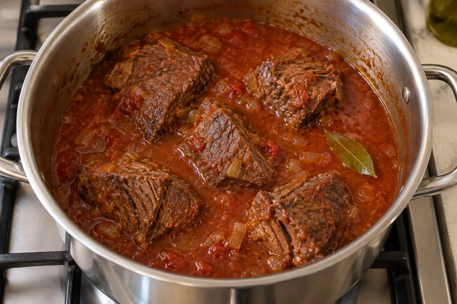 Large tender-looking pieces of beef in a tomato braise before pasta is added