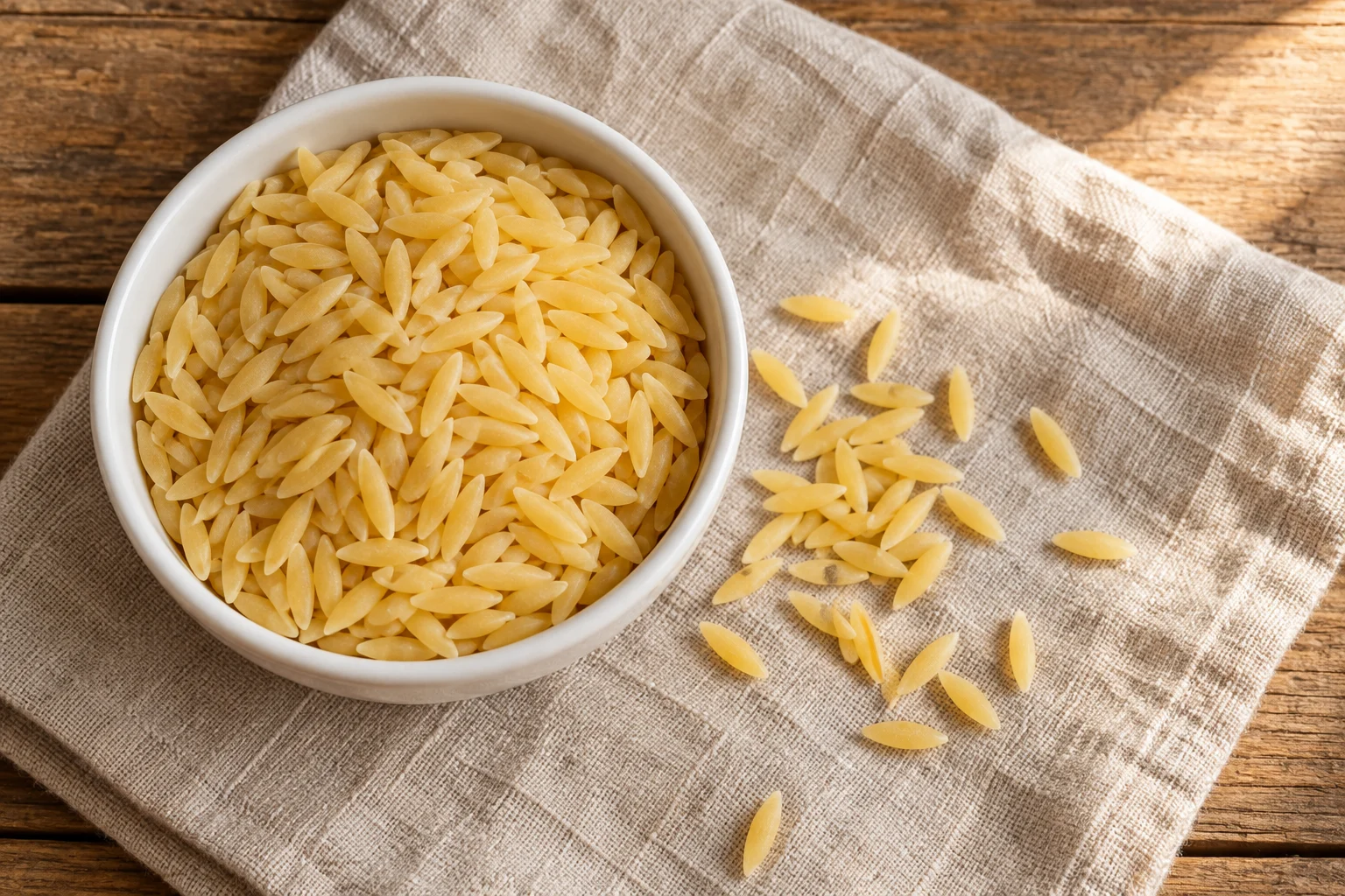 Dry pale golden rice-shaped orzo pasta in a bowl and scattered on linen