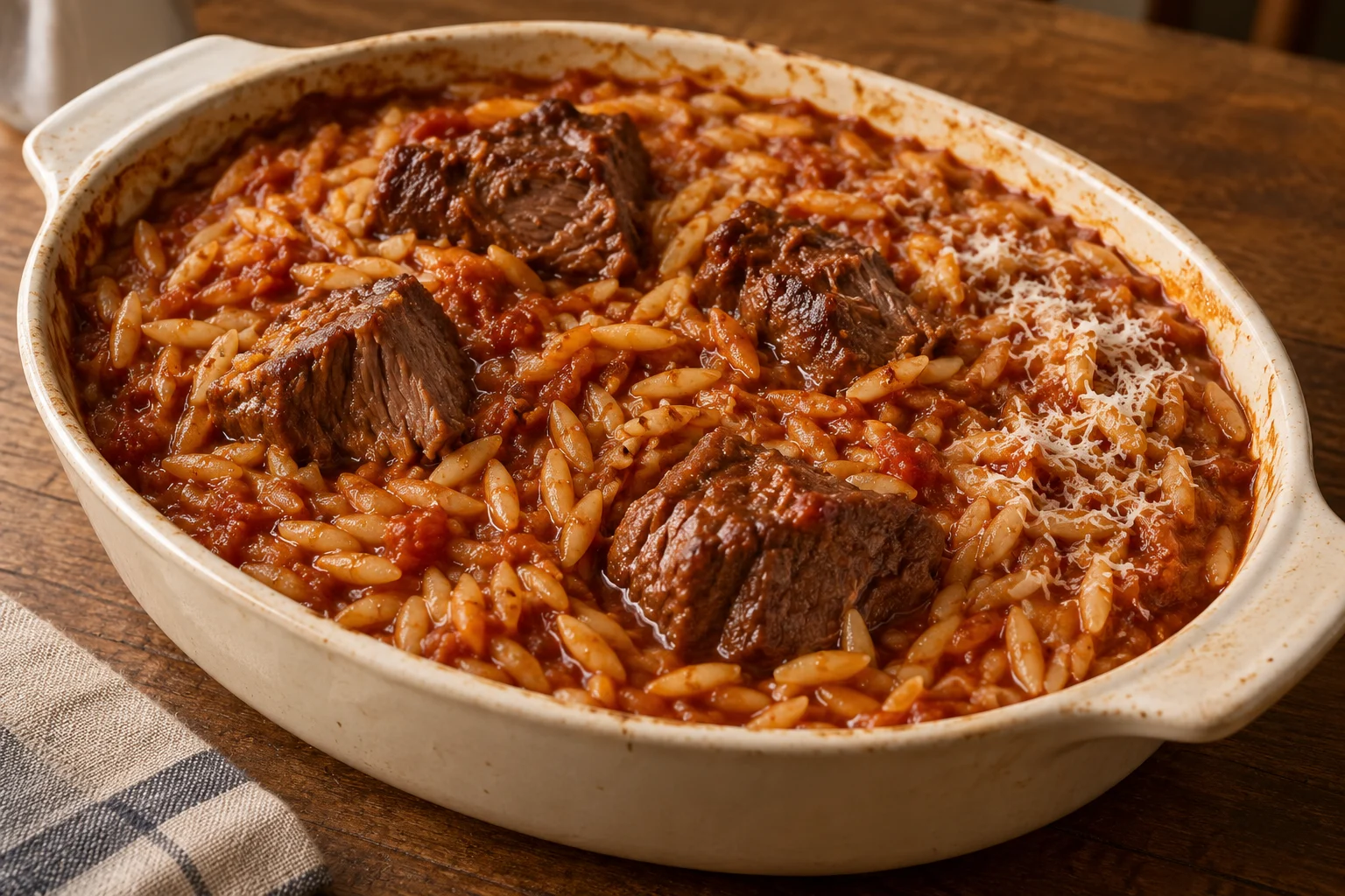 Braised beef and plump orzo in red tomato sauce in a ceramic baking dish