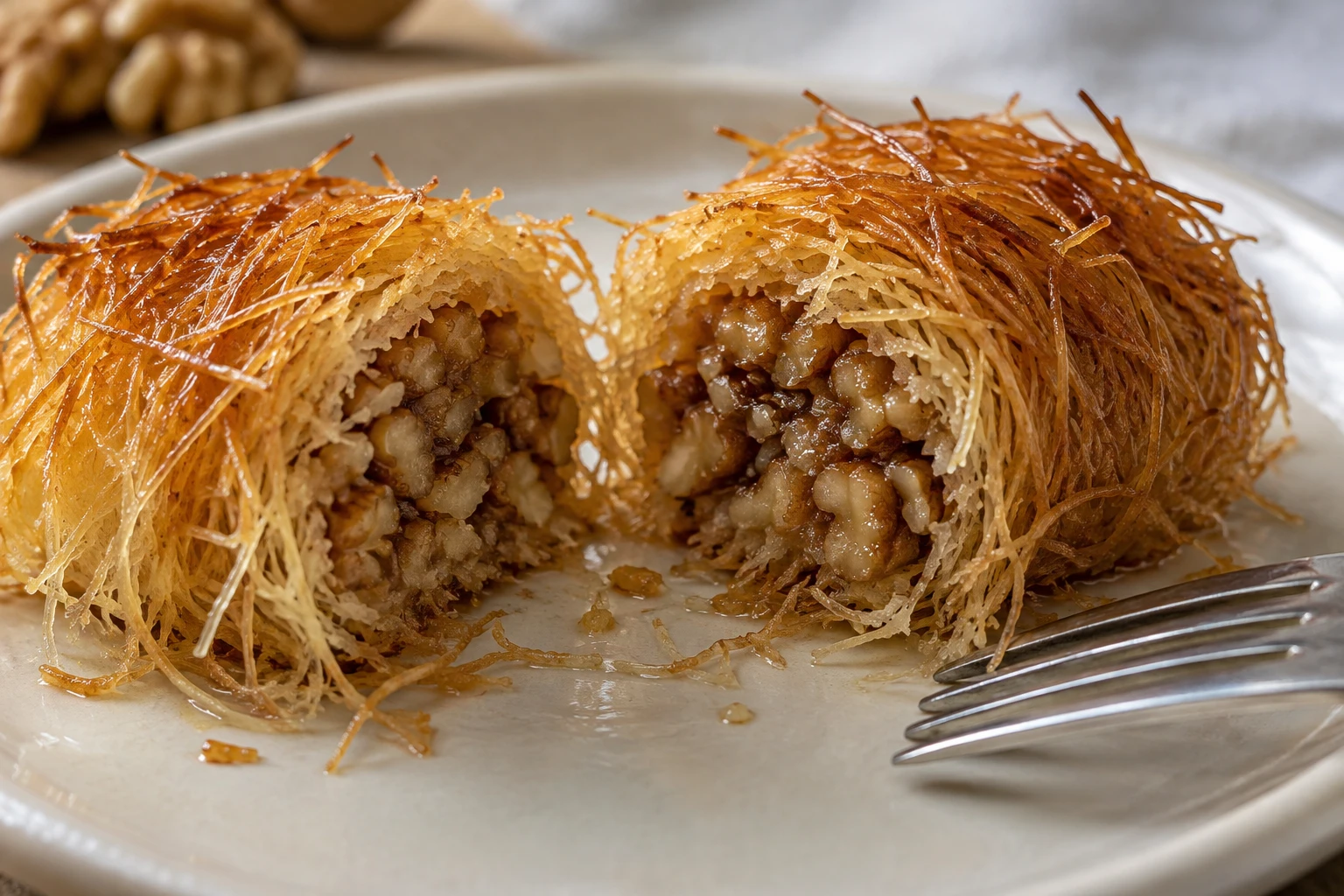 Two halves of a golden kataifi roll show chopped walnuts inside many delicate pastry strands.