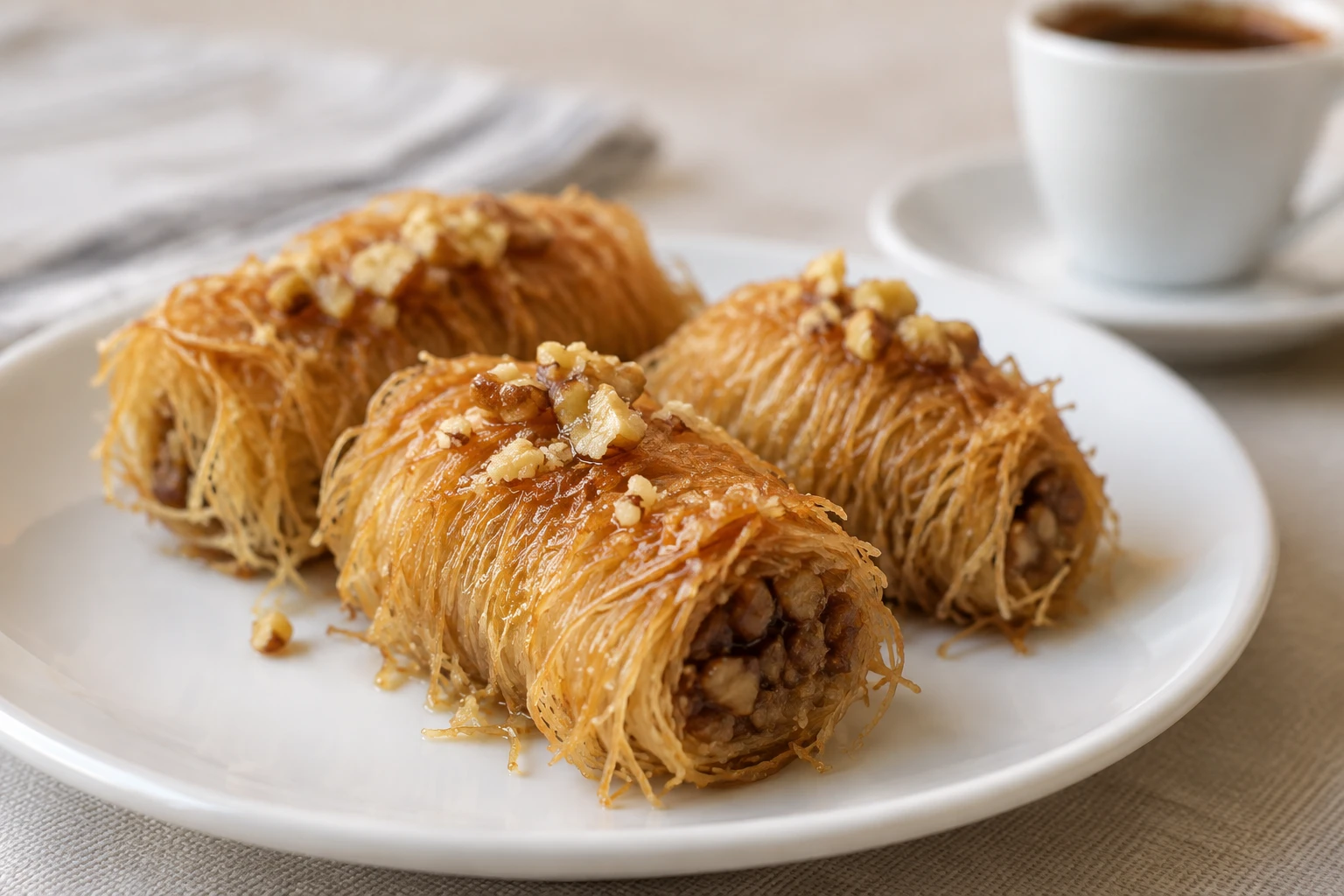 Three golden walnut-filled kataifi rolls topped with chopped walnuts on a white plate.