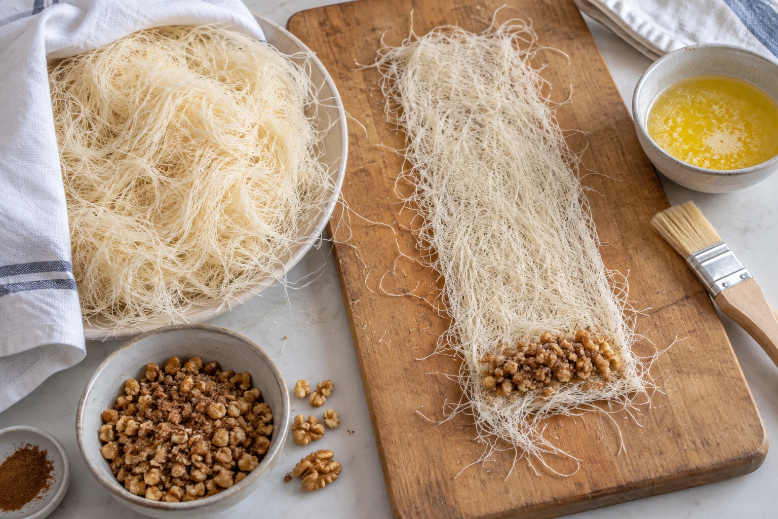 Pale kataifi strands spread on a board with chopped walnuts at one end, beside butter and a brush.