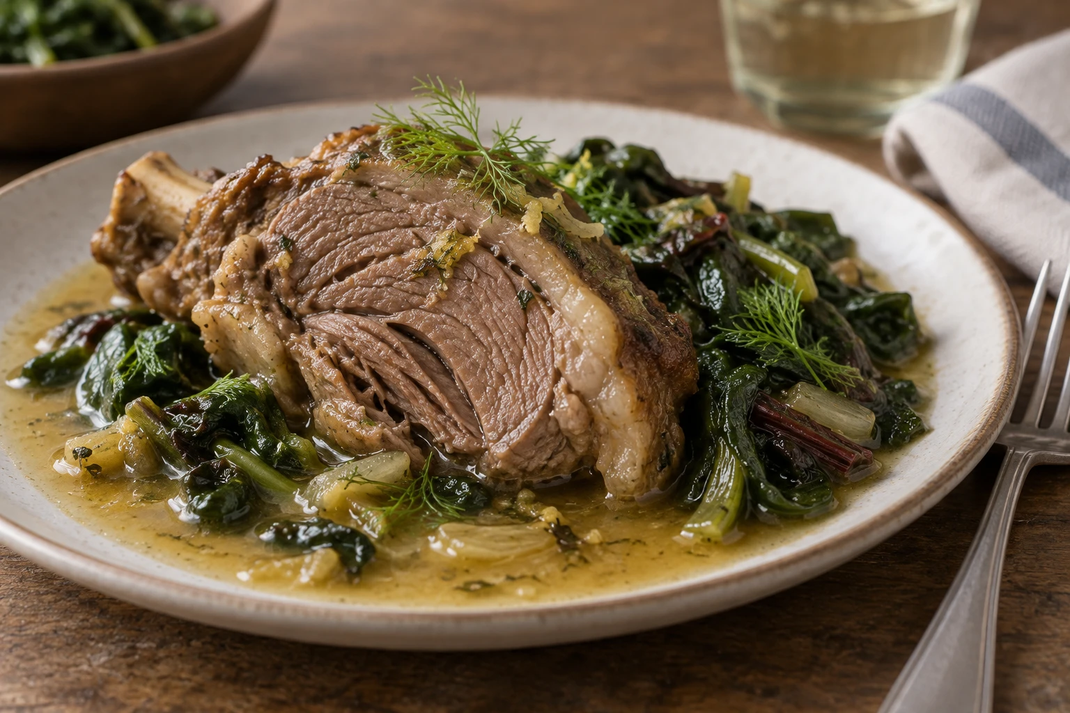 A cooked lamb slice served with wilted spinach and chard in a glossy lemony sauce.