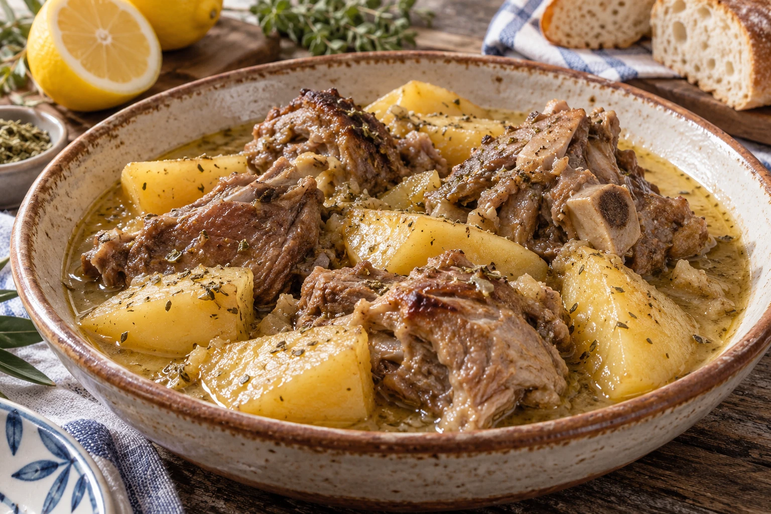 Braised bone-in lamb pieces with large potato wedges in a light lemon and olive oil sauce.