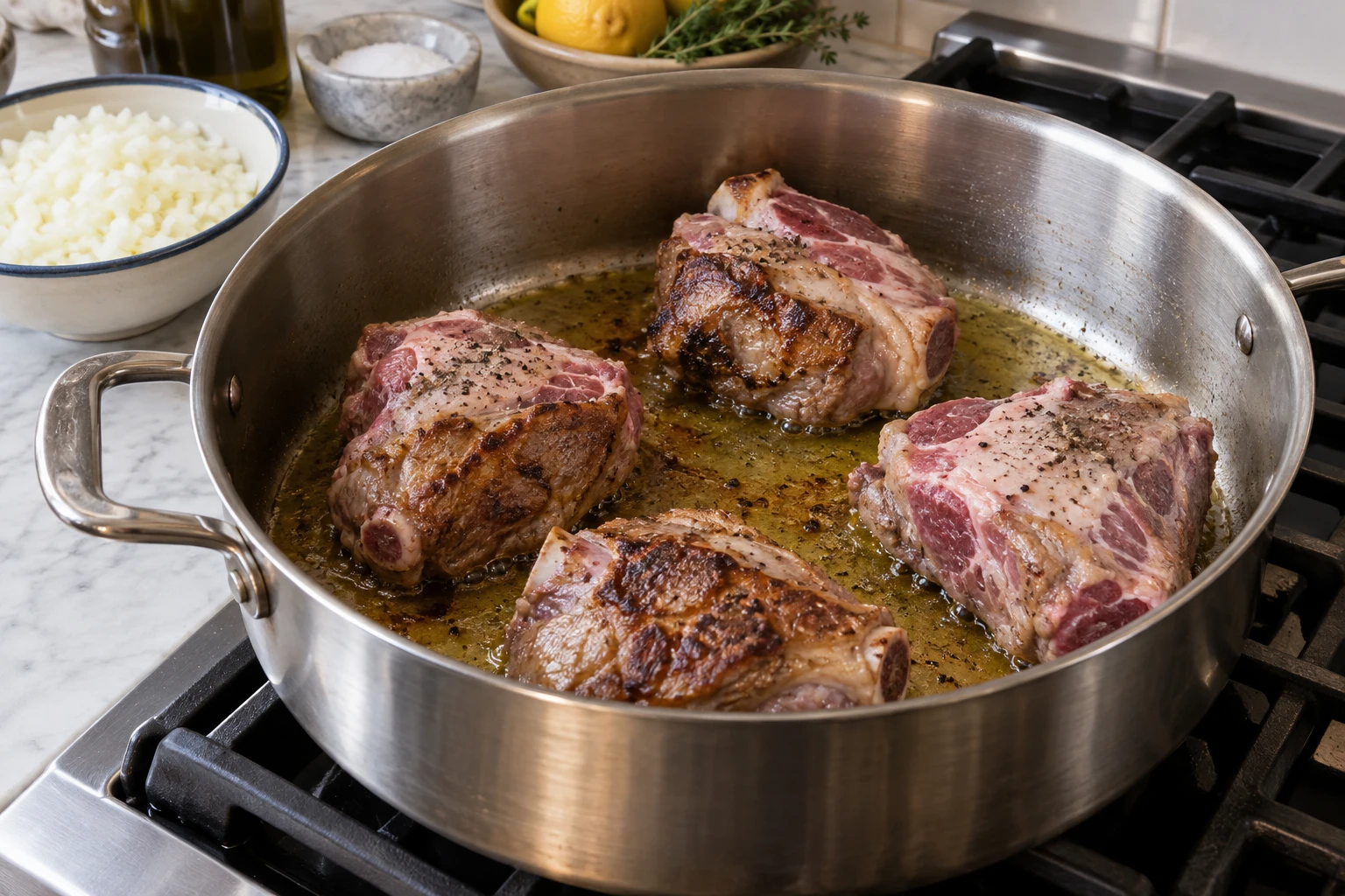 Lamb pieces browning in olive oil in a wide casserole, with chopped onion waiting beside the stove.